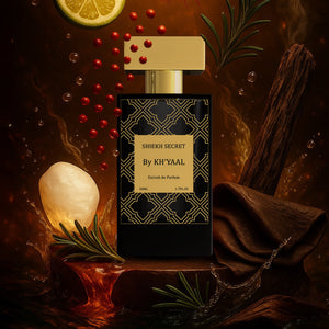 Perfume bottle labeled 'Sheikh Secret by Khyaal' surrounded by spices and herbs on a dark background