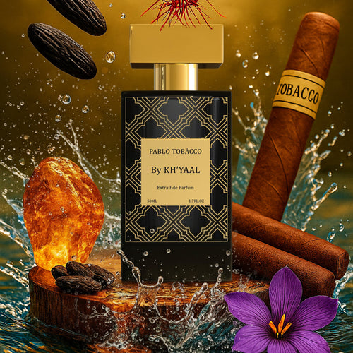 Perfume bottle labeled 'Pablo Tobaccó' by Khyáal with smoking accessories and flowers on a water and gold background.