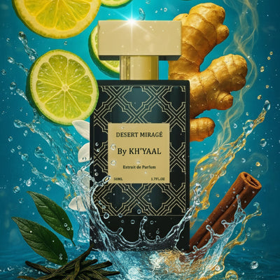Perfume bottle labeled 'Desert Mirage by Khyal' surrounded by lemon slices, ginger, and cinnamon on a blue background.