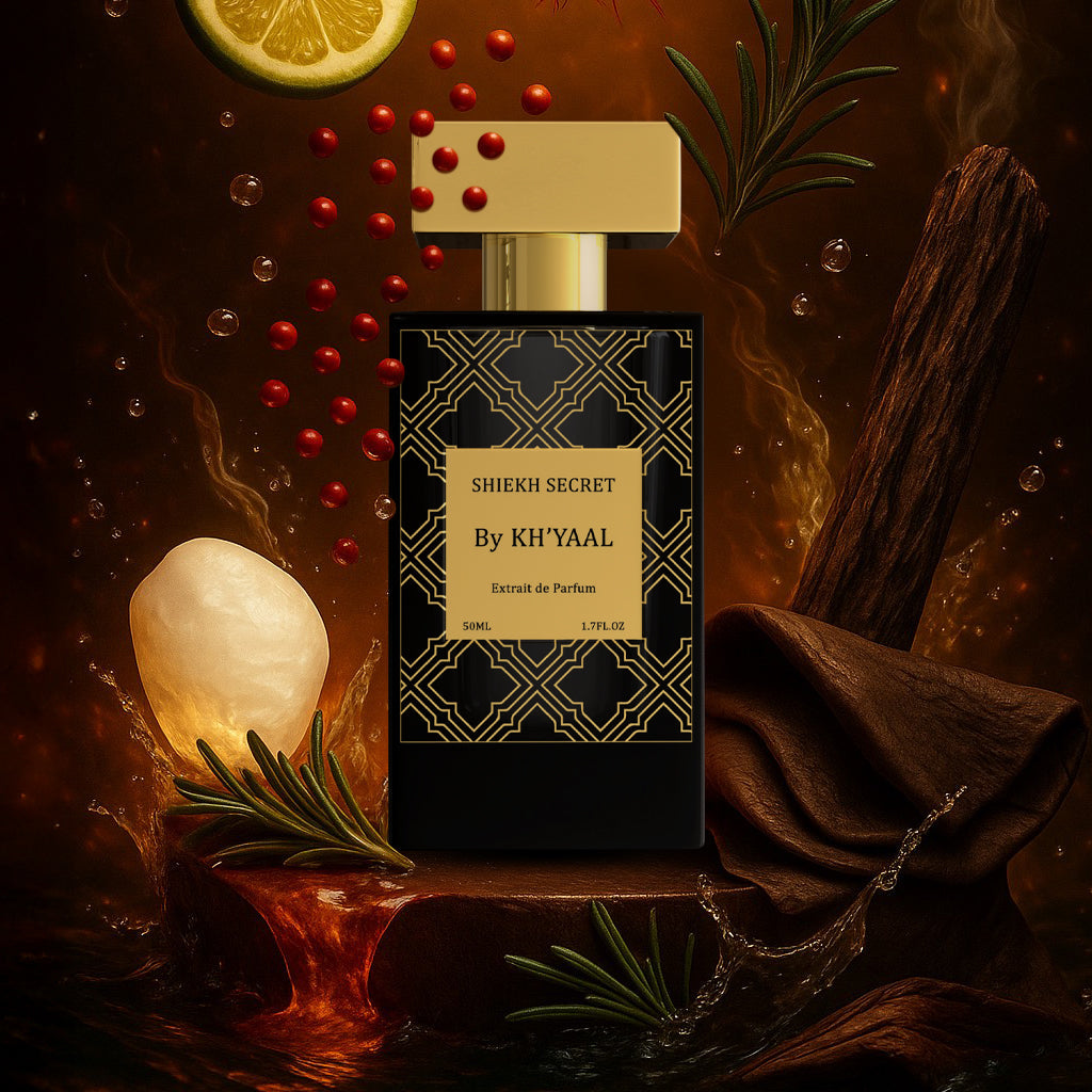 Perfume bottle labeled 'Sheikh Secret by Khyaal' surrounded by spices and herbs on a dark background