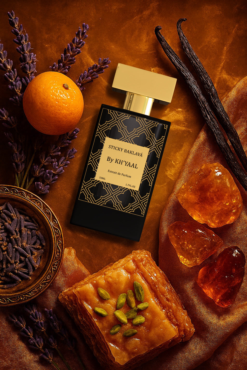 Perfume bottle labeled 'Sticky Barlow by Kh'Yaal' with orange, lavender, vanilla beans, and pastries on a brown background.
