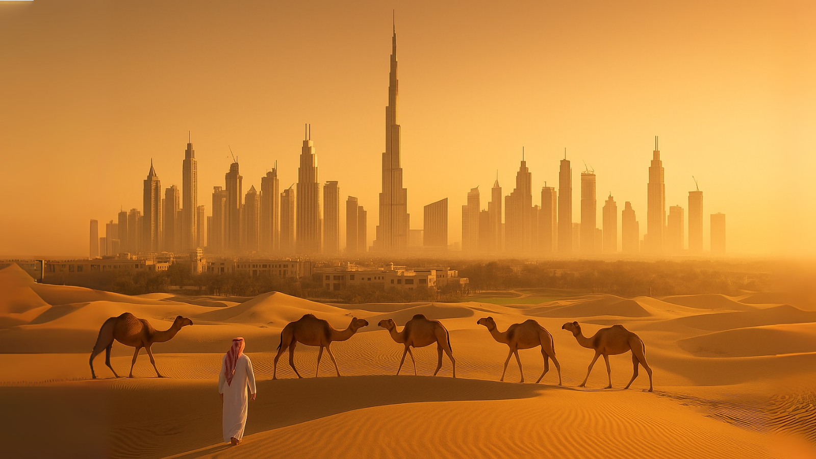 Camels walking in the desert with Dubai skyline in the background