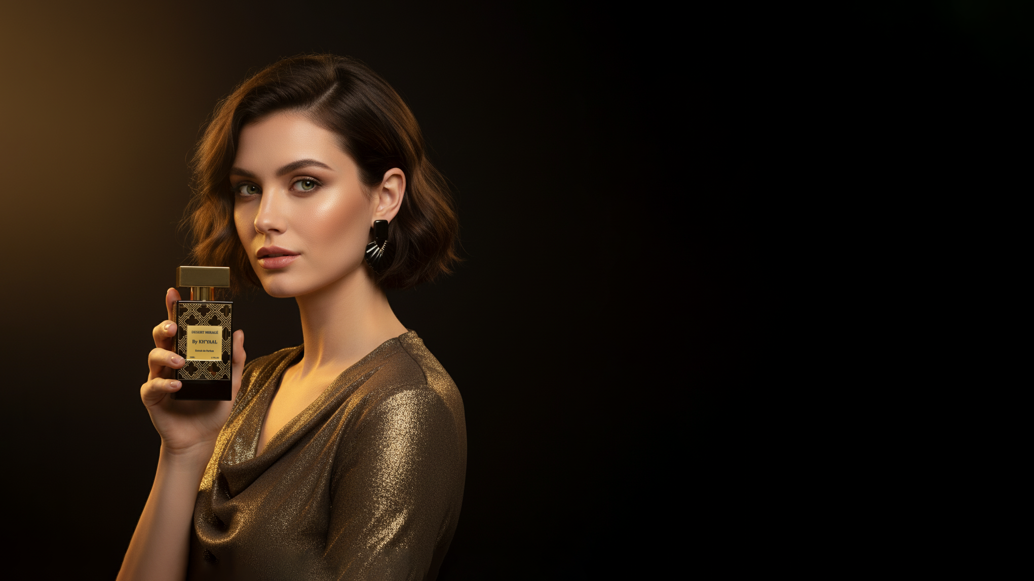 Woman holding a gold and black product against a dark background